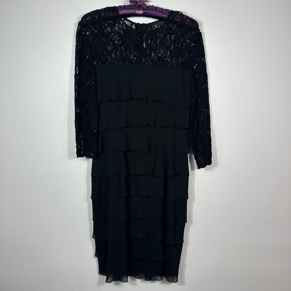 Alex Evenings Tiered Ruffle Dress Womens Black Excellent Lace Sequin Sheath